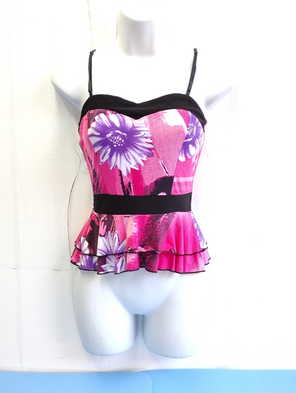 NEW Floral Peplum Sleeveless Top Corset Pullover Black Trim Ruffle Hem Size L